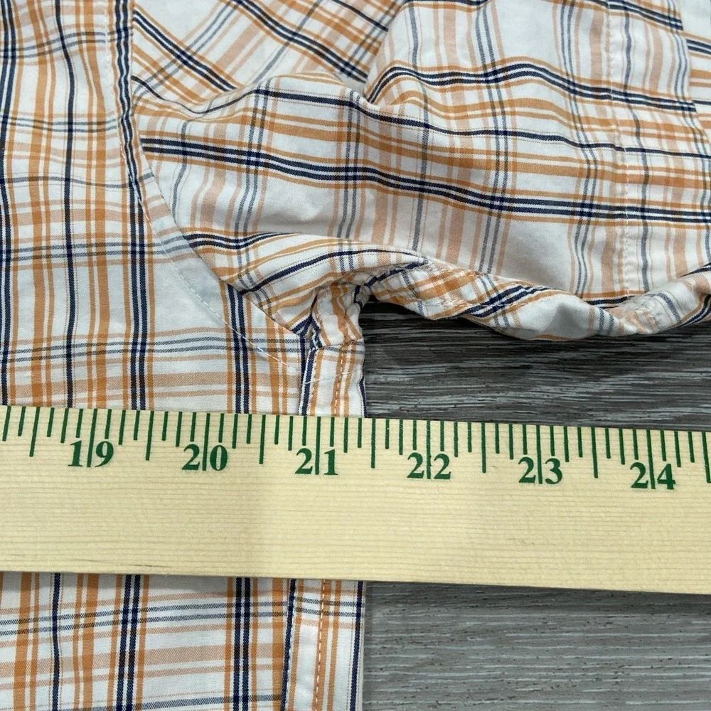 IZOD Short Sleeve Button-Down Shirt‎ Mens Size M Plaid Orange Navy White Logo